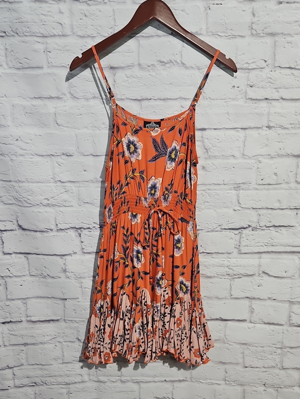 Angie Orange Floral Boho Spaghetti-Strap Mini Dress